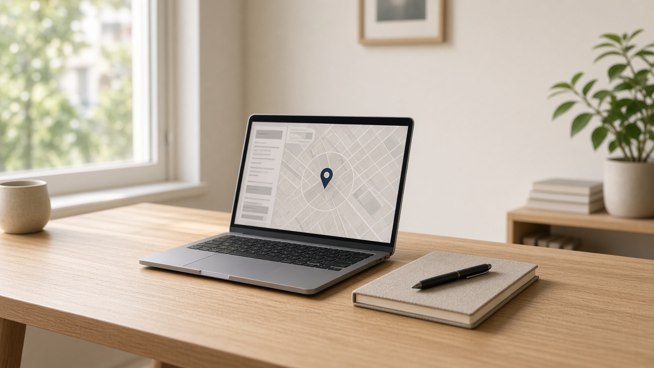 A laptop on a wood desk, open to a pale map with a single location pin.