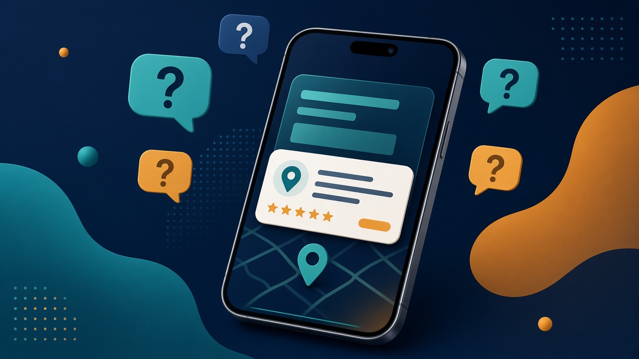 Smartphone showing an AI answer that cites a local business, surrounded by customer questions