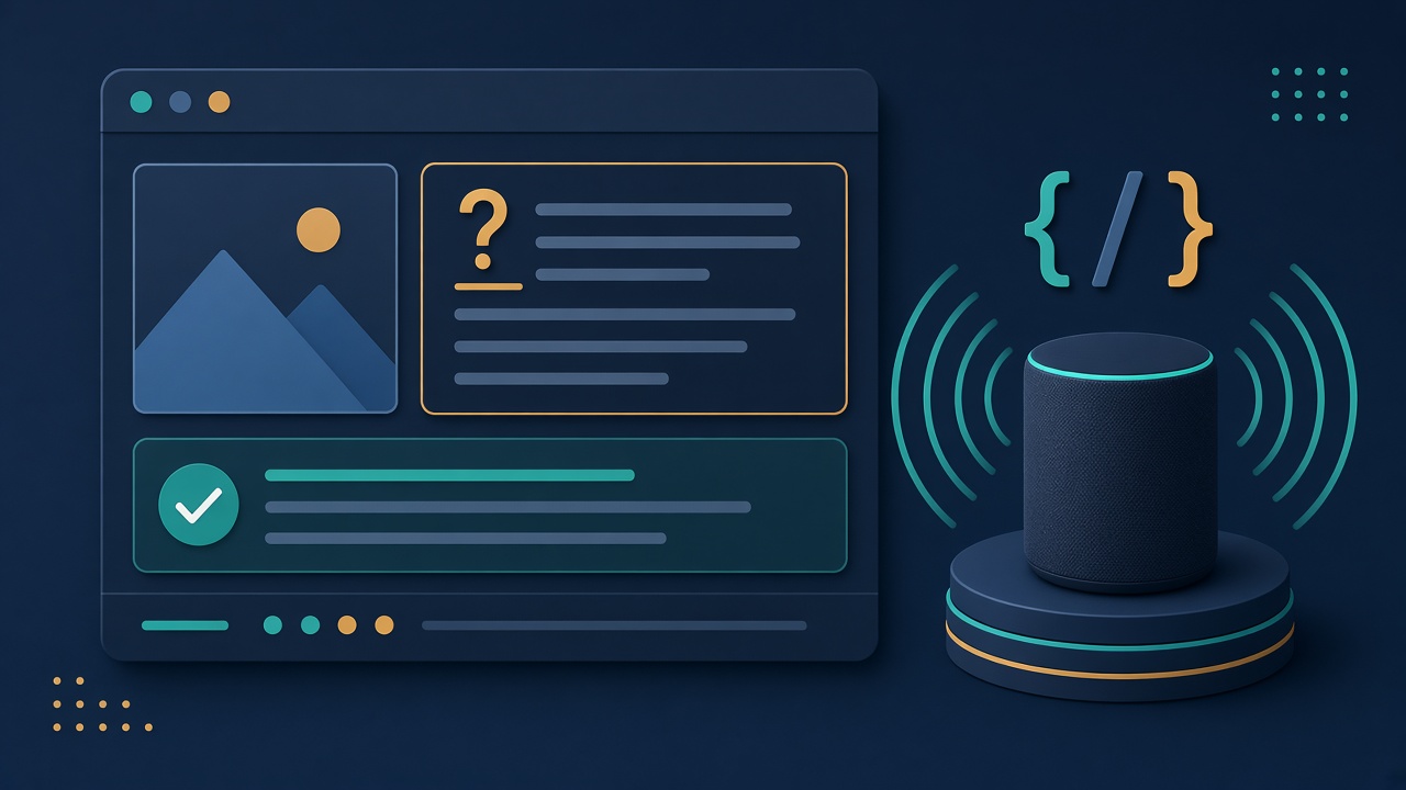 Web page layout with a question heading, a highlighted answer block and a smart speaker reading the answer