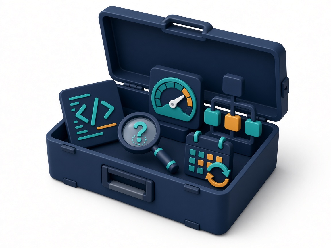 Illustrated toolbox holding schema, research, dashboard and content update icons for answer engine optimization