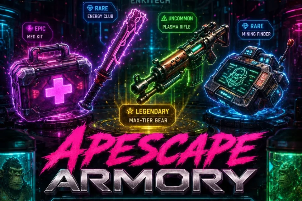 ApeScape Armory artwork. A med kit, energy club, plasma rifle, and mining finder sit on a neon platform.