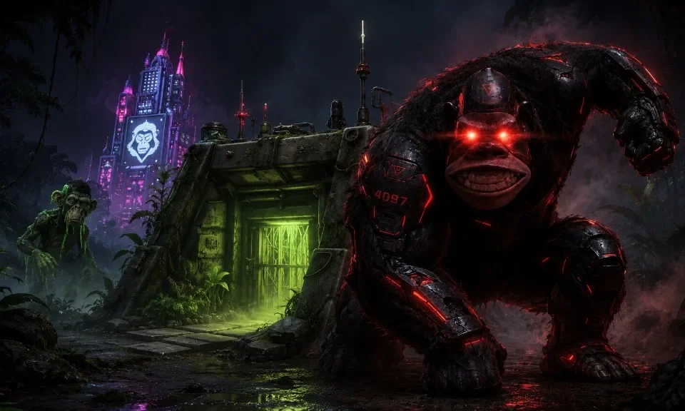 ApeScape Dungeons artwork. A cyber gorilla with red eyes crouches beside a neon jungle bunker, with a tower behind it.