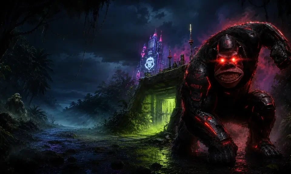 ApeScape artwork. A cyber gorilla with red eyes stands in a neon jungle in front of a bunker and a tower.