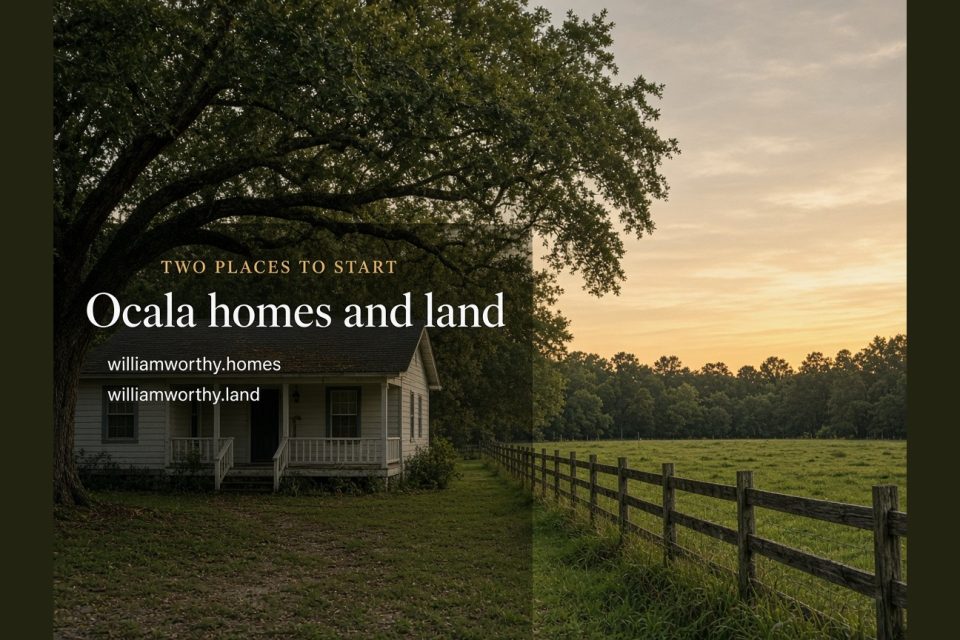 A Florida house beside open pasture, labeled Ocala homes and land