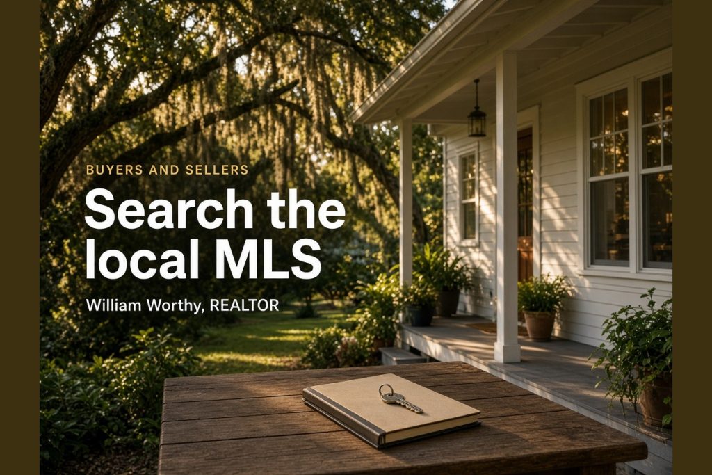 Front porch of a Florida home with the words Search the local MLS, William Worthy, REALTOR