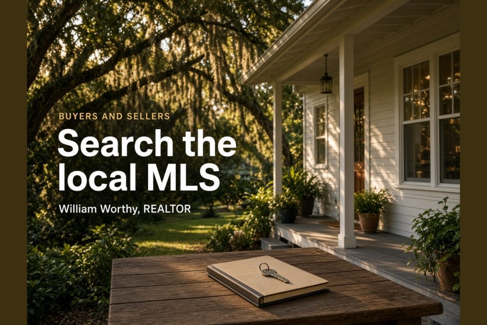 Front porch of a Florida home with the words Search the local MLS, William Worthy, REALTOR