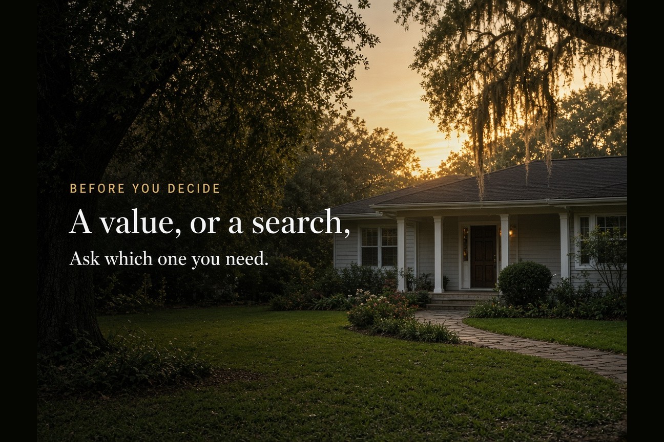 A Florida house at sunset with the words A value, or a search