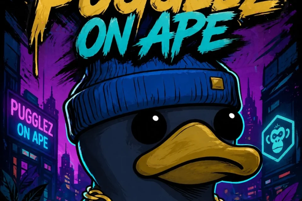 Pugglez On Ape artwork. A duck-like companion in a blue beanie and gold chain, set in a neon city.